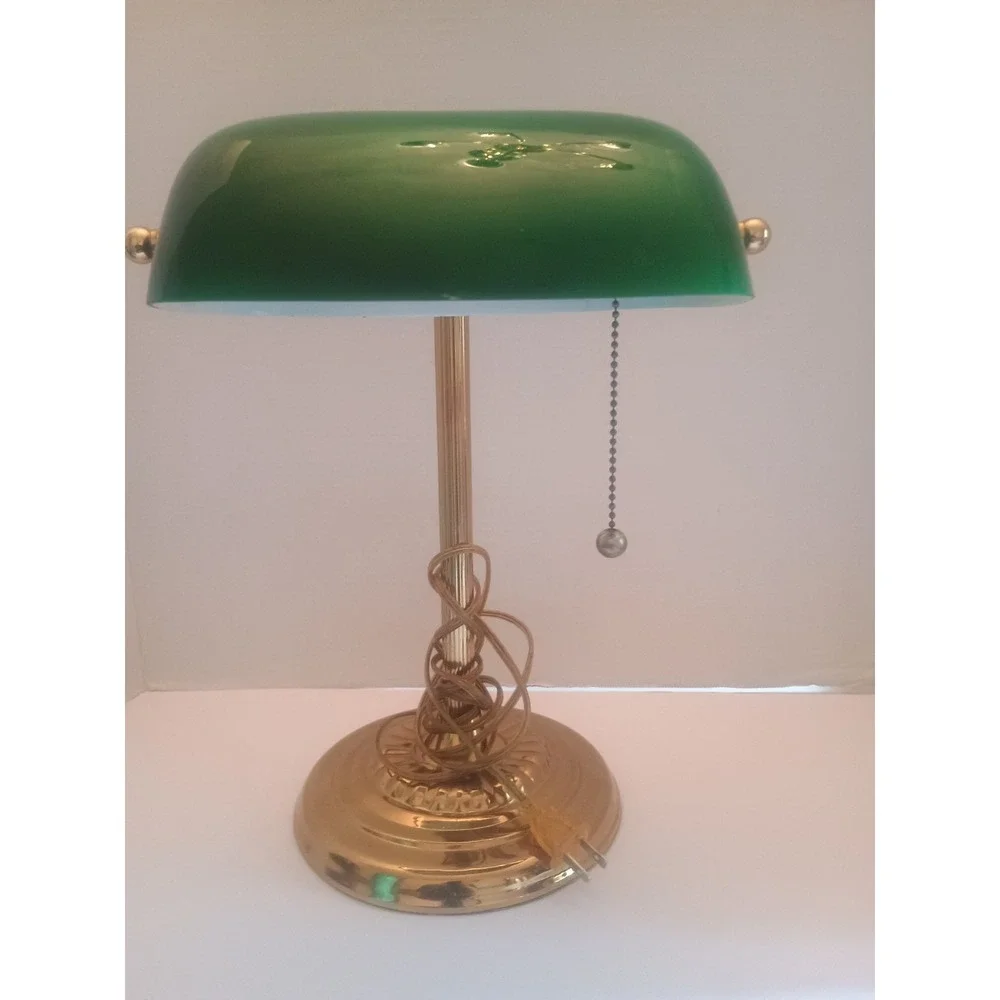 Vintage Brass Bankers Desk Library Pull String Lamp Emerald Green Glass...